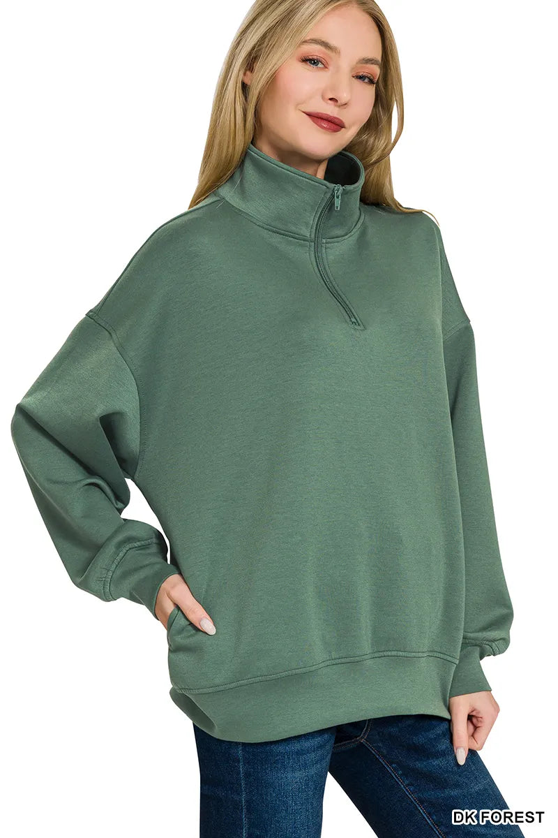 Zenana Dark Forest Scuba Quarter-Zip Long Sleeve Sweatshirt DK FOREST