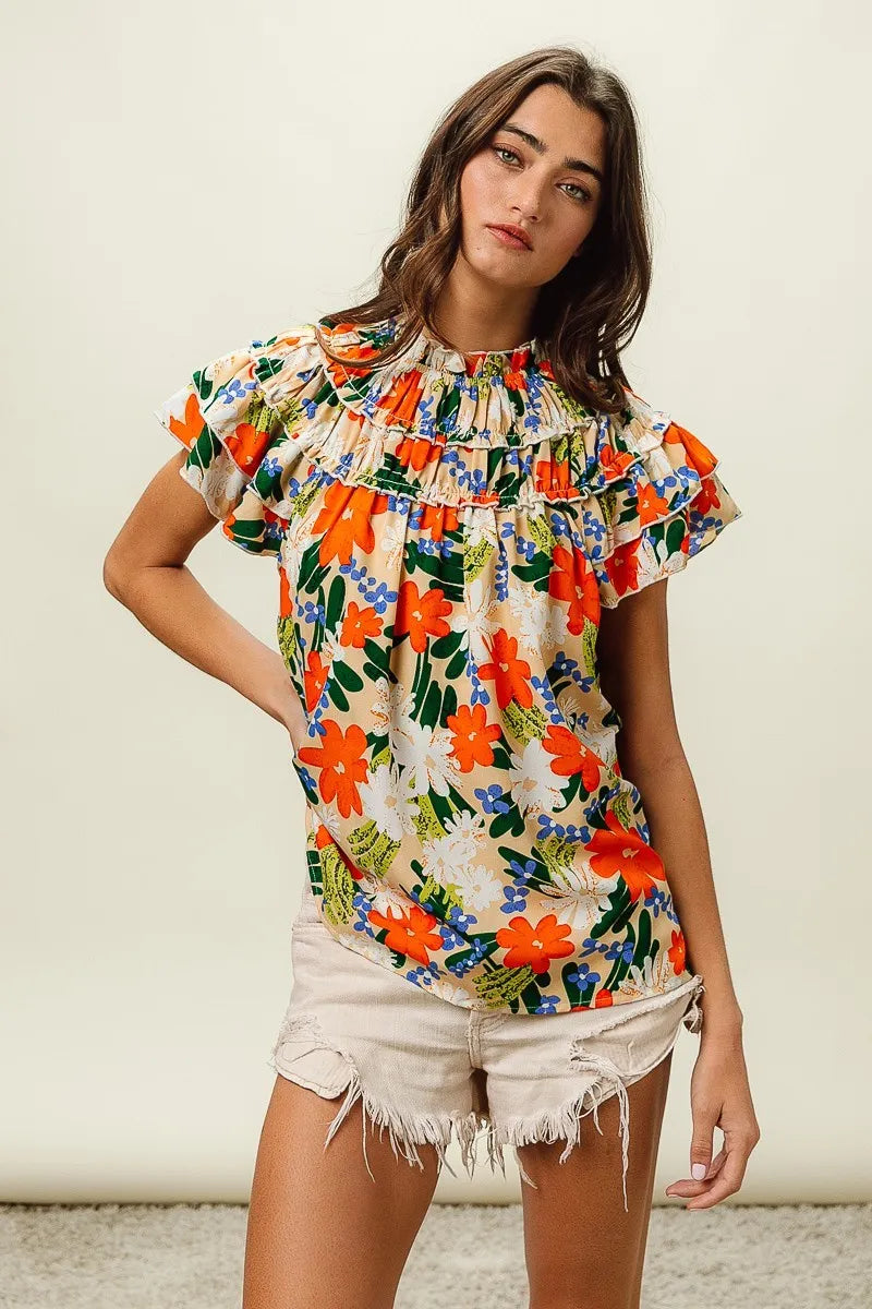 BiBi Cream & Multi Color Floral Print Woven Ruffle Sleeve Blouse