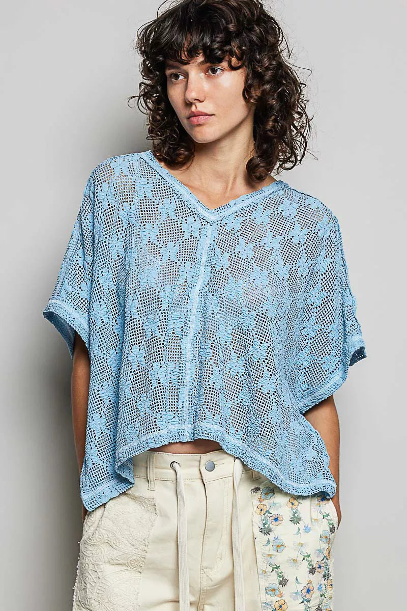 POL Cornflower Blue Crochet Lace Short Sleeve Top CORNFLOWER BLUE
