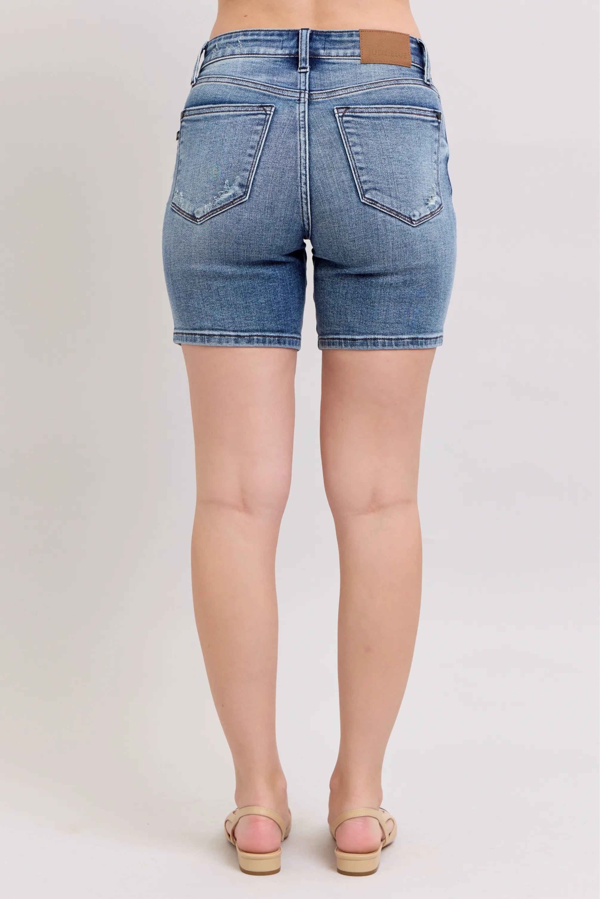 Judy Blue Button Fly Mid Length Denim Shorts W/ Distressing