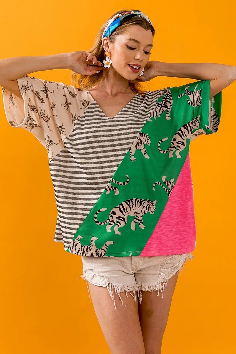 BiBi Tiger W Stripe Contrast Color Block V Neck Top
