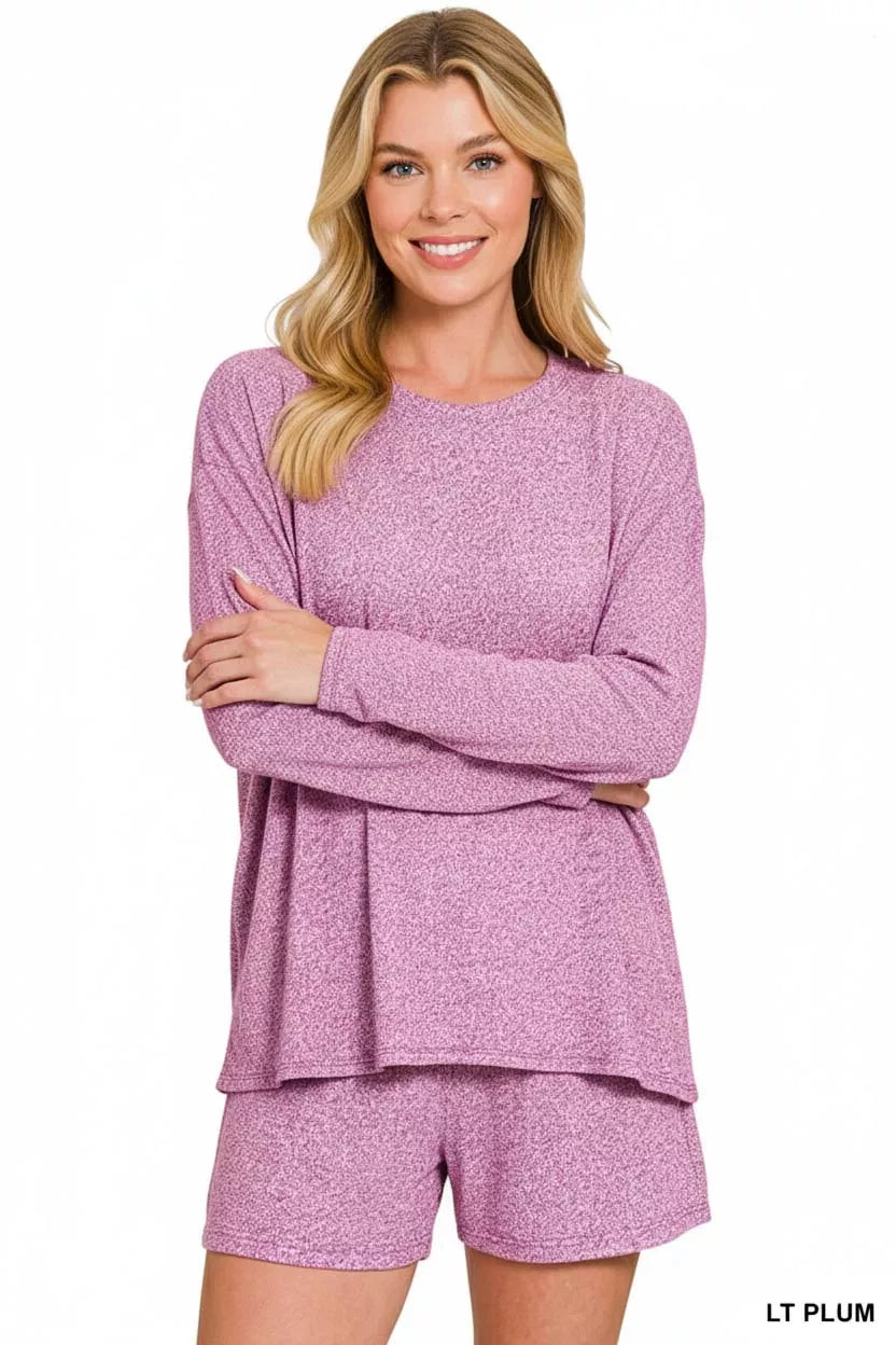 Zenana Light Plum Soft Melange Long Sleeve Tee and Shorts Set LT PLUM