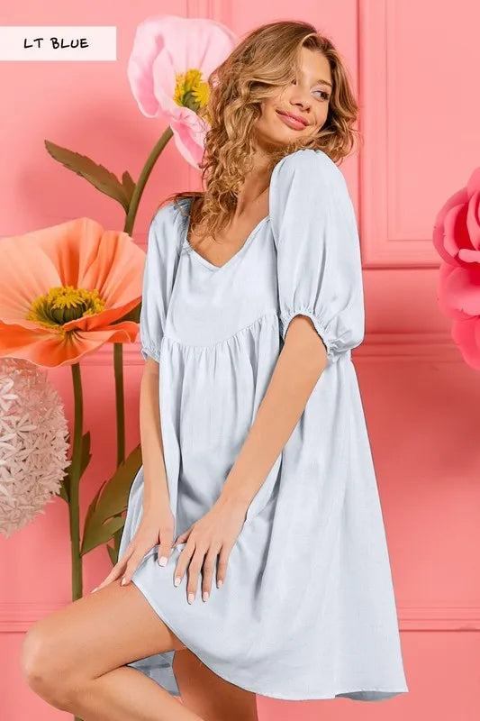 BiBi Light Blue Washed Linen Tiered Midi Dress with Puff Sleeves LT BLUE
