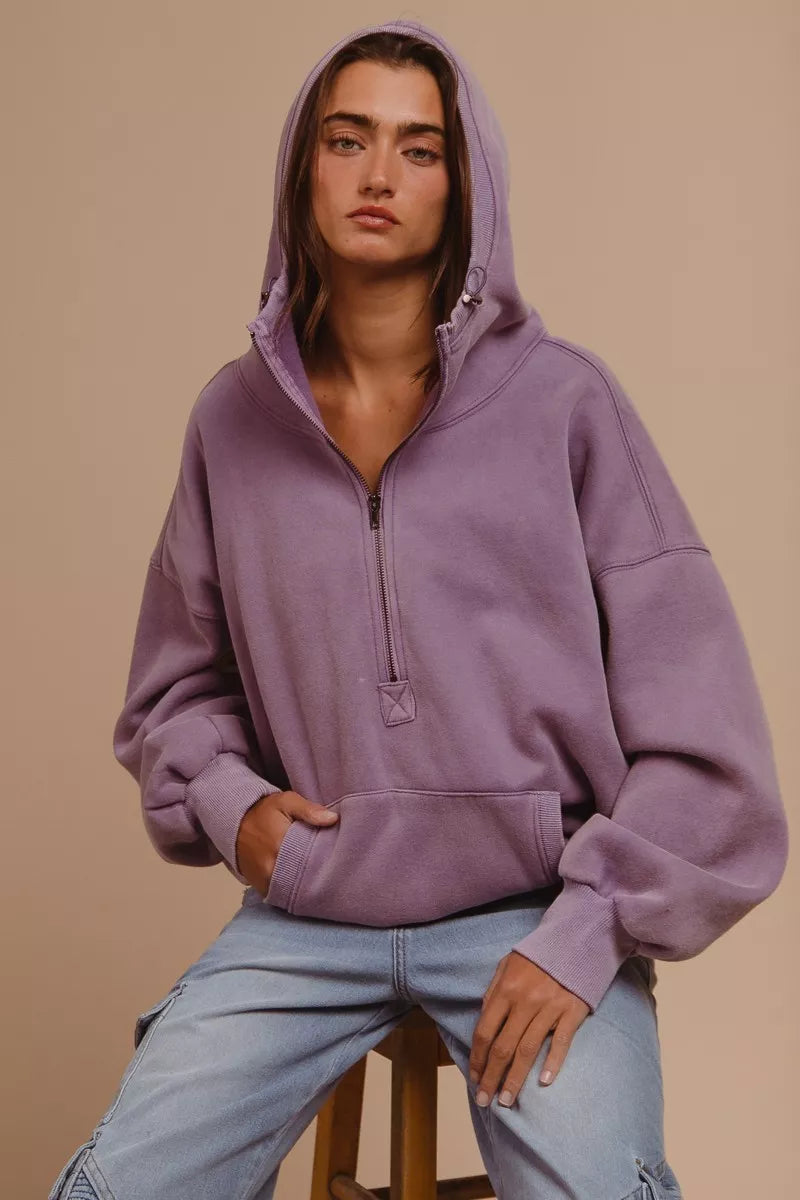 BiBi Periwinkle Stitch Detailed Elastic Hem Half Zip Fleece Hoodie