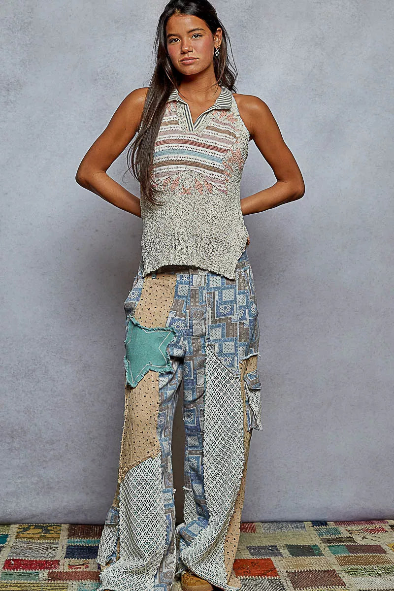 POL Natual Striped Collar Sweater Vest with Star Patch