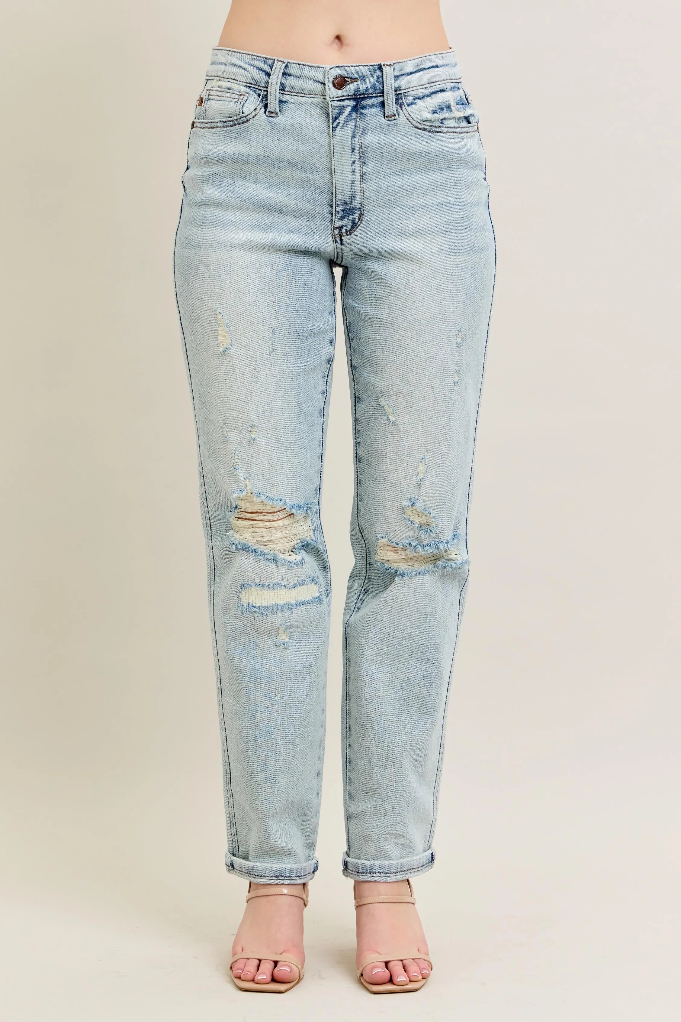 Judy Blue Midrise Repair Stitch Detail Destroy Single Cuff Boyfriend Jeans