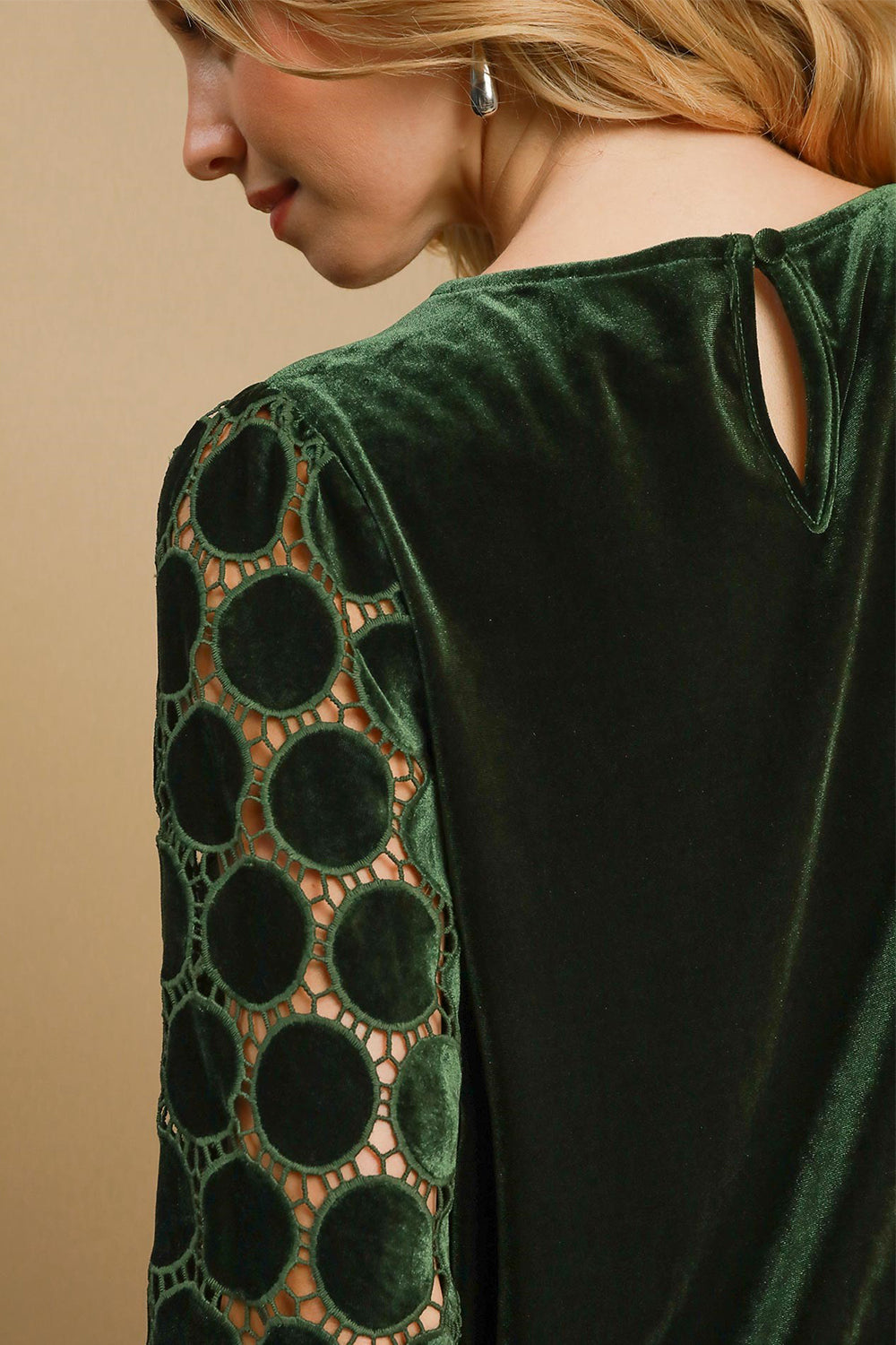 Umgee Olive Velvet Polka Dot Lace Long Sleeve Round Neck Blouse Shirts & Tops