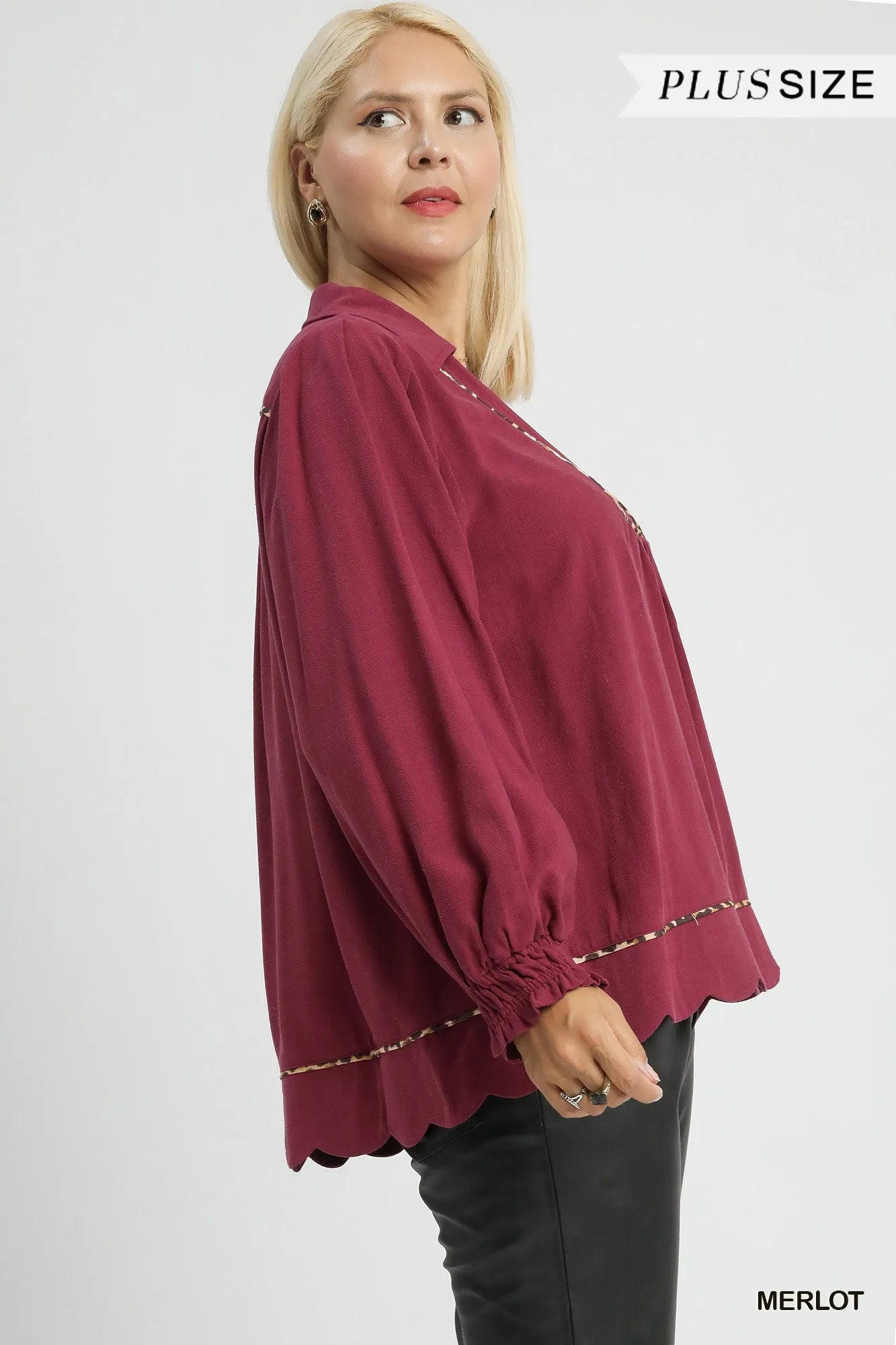 Umgee Merlot Linen Scallop Hem Blouse with Contrast Trim