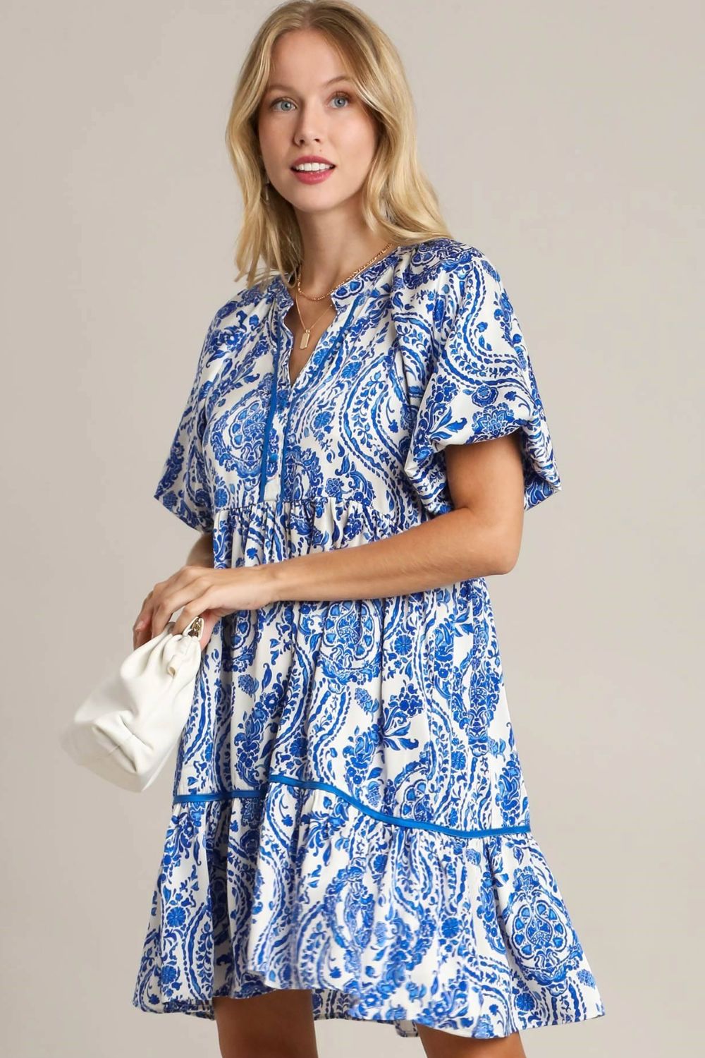 Umgee Royal Blue Printed Notched Puff Sleeve Mini Dress Royal Blue