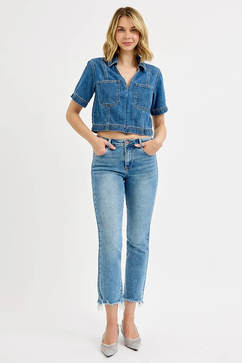 RISEN Medium Washed High Rise Frayed Hem Crop Straight Slim Jeans