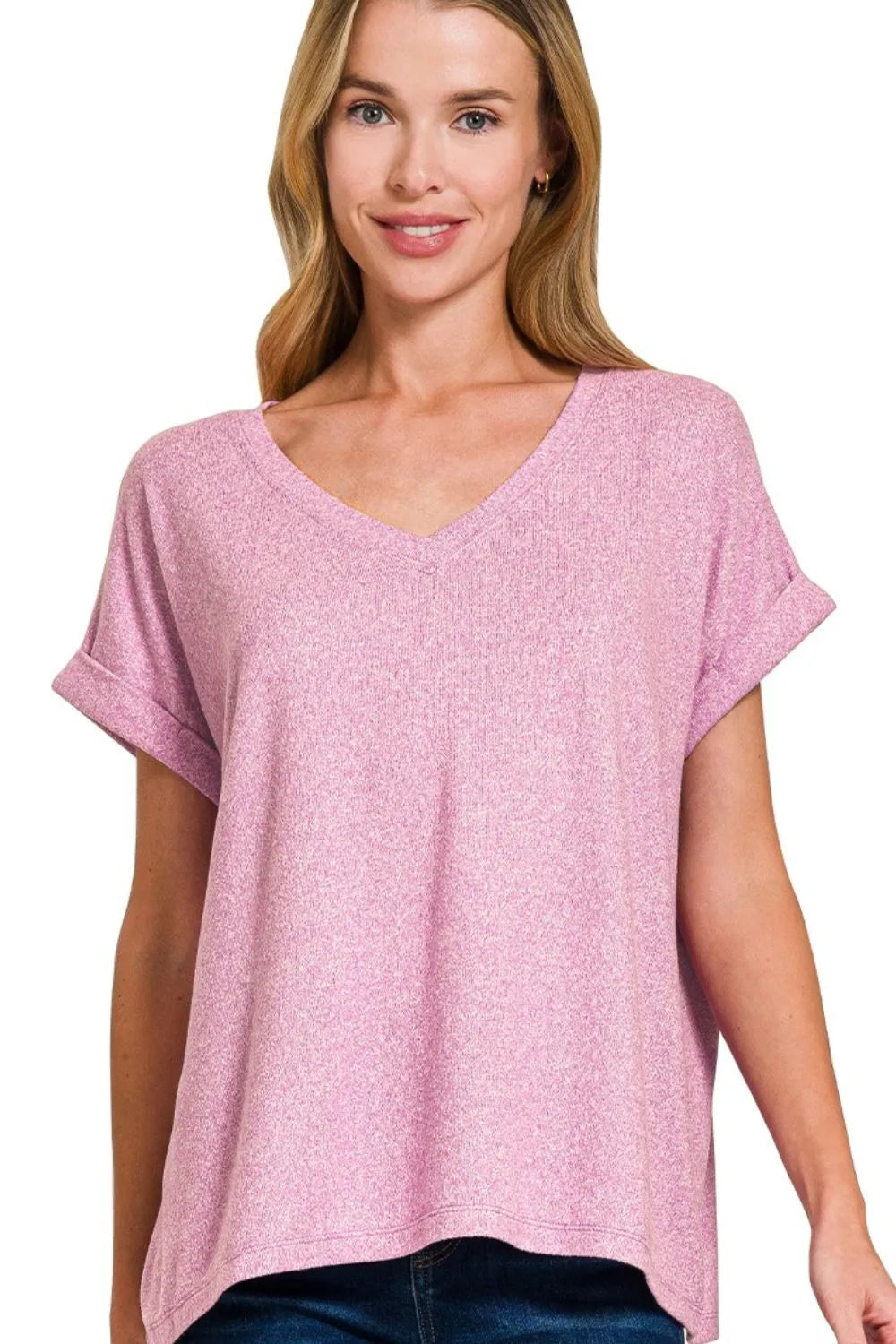 Zenana Bright Mauve Soft Melange Hacci V-neck Tee BRIGHT MAUVE