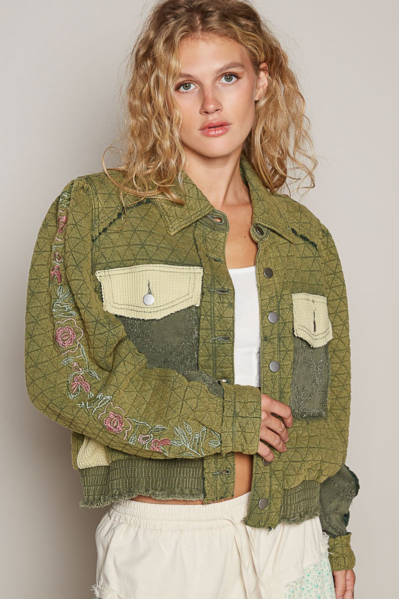 POL Basil Embroidered Sleeve Raw Edge Quilted Jacket Basil Multi