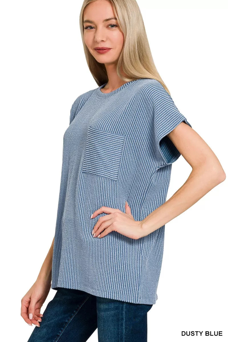 Zenana Dusty Blue Raised Rib Front Pocket Boxy Top