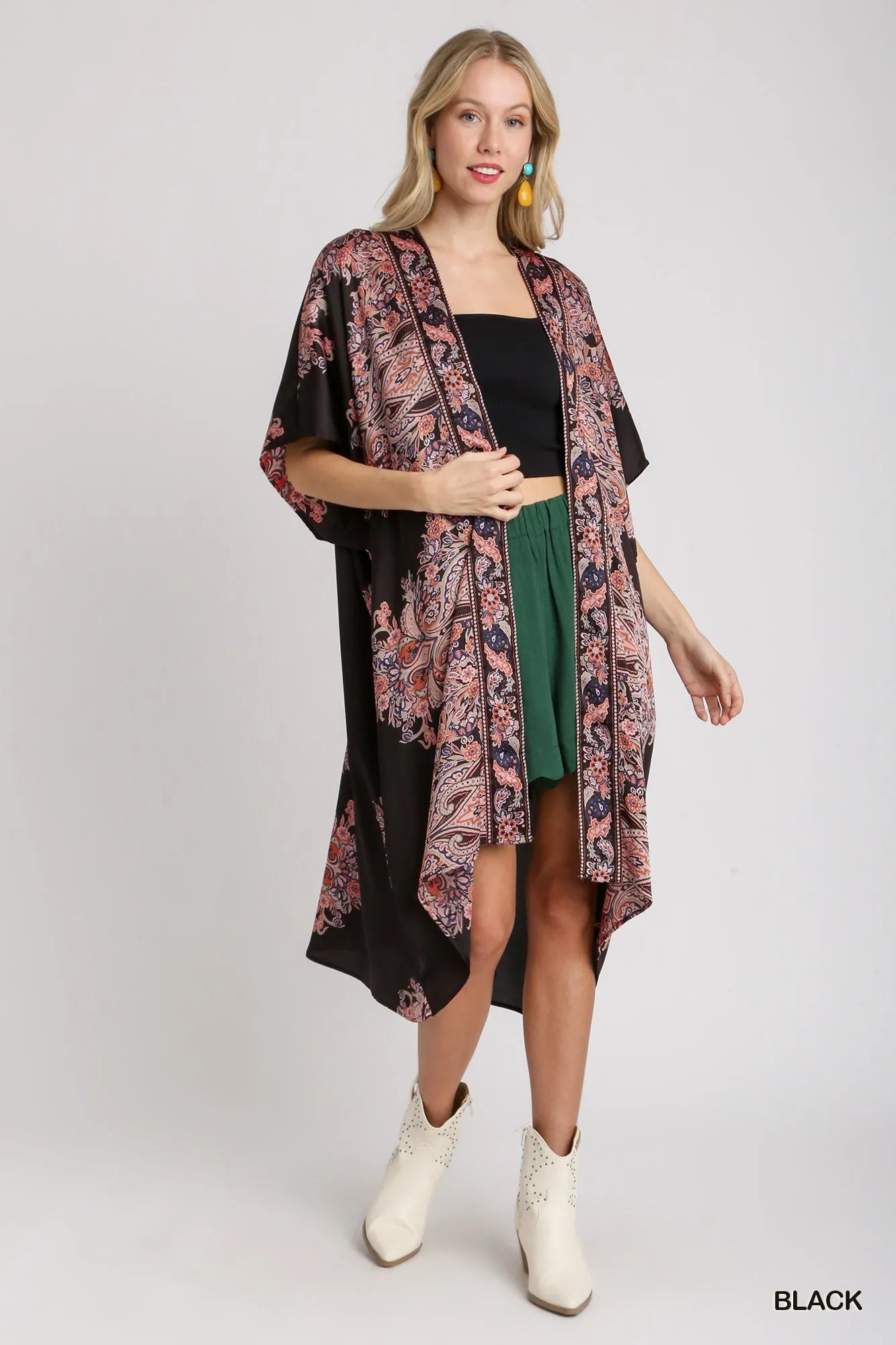 Umgee Satin Border Print Short Sleeve Open Front Kimono
