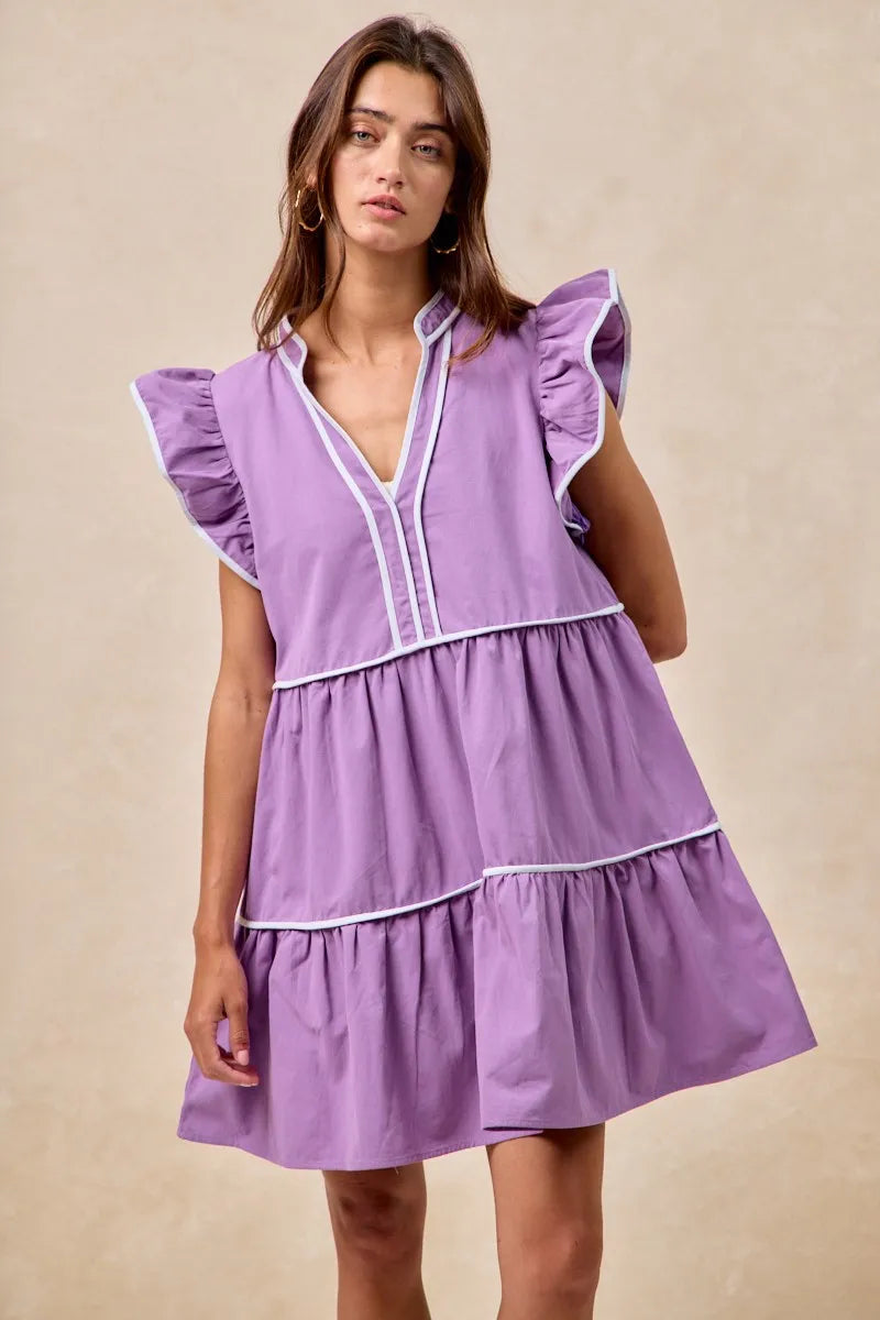 BiBi Purple Game Day Theme Contrast Binding Ruffled Dress