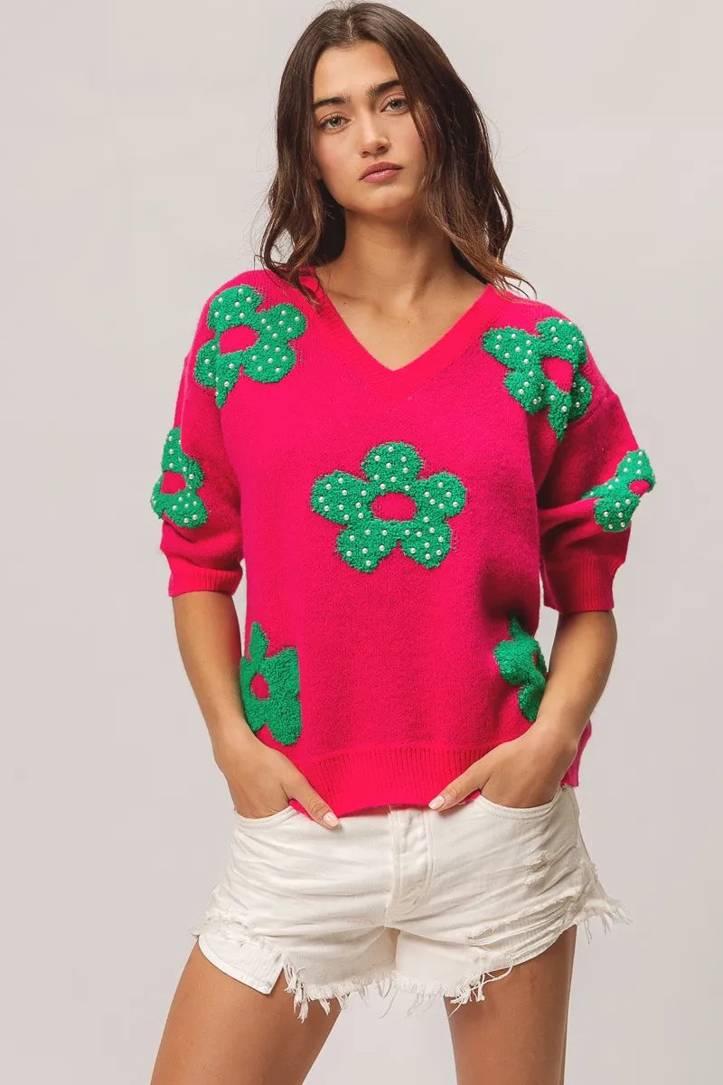 BiBi Fuchsia & Jade Pearl Beads Flowers Sweater Top