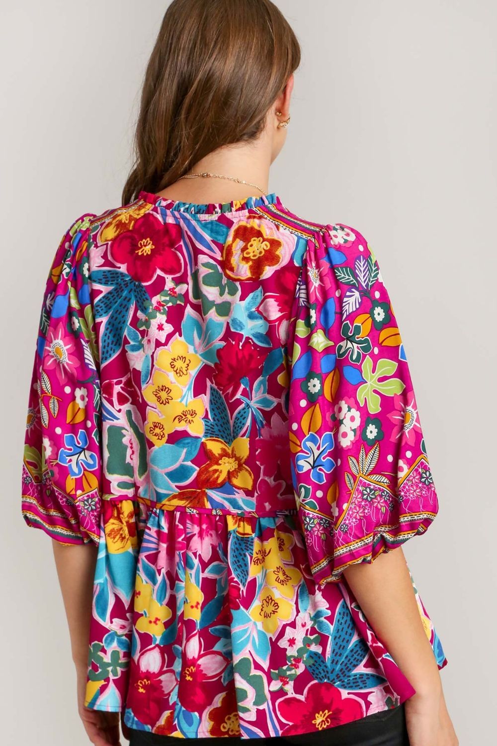 Umgee Mulberry Mix Floral Print Tie Neck Peplum Blouse