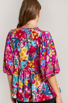 Umgee Mulberry Mix Floral Print Tie Neck Peplum Blouse