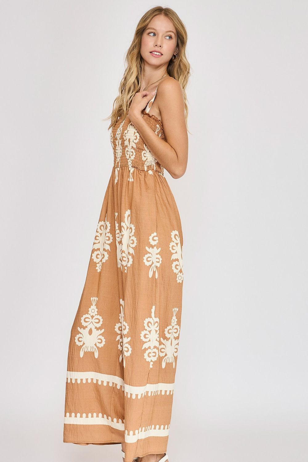 Umgee Mocha Smocked Printed Wide Leg Jumpsuit