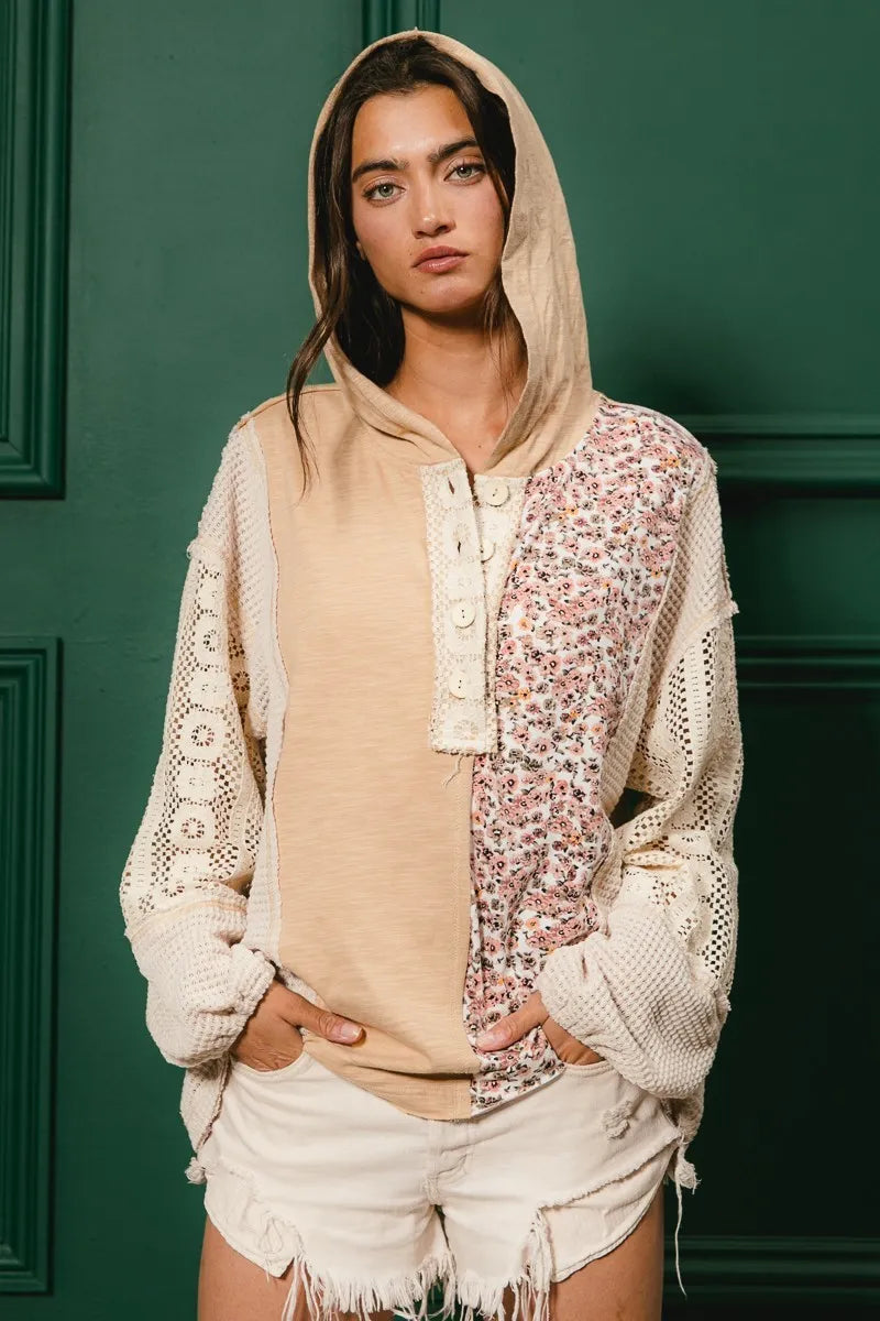 BiBi Taupe Slub Jersey with Lace Combo Buttoned Hoodie Top