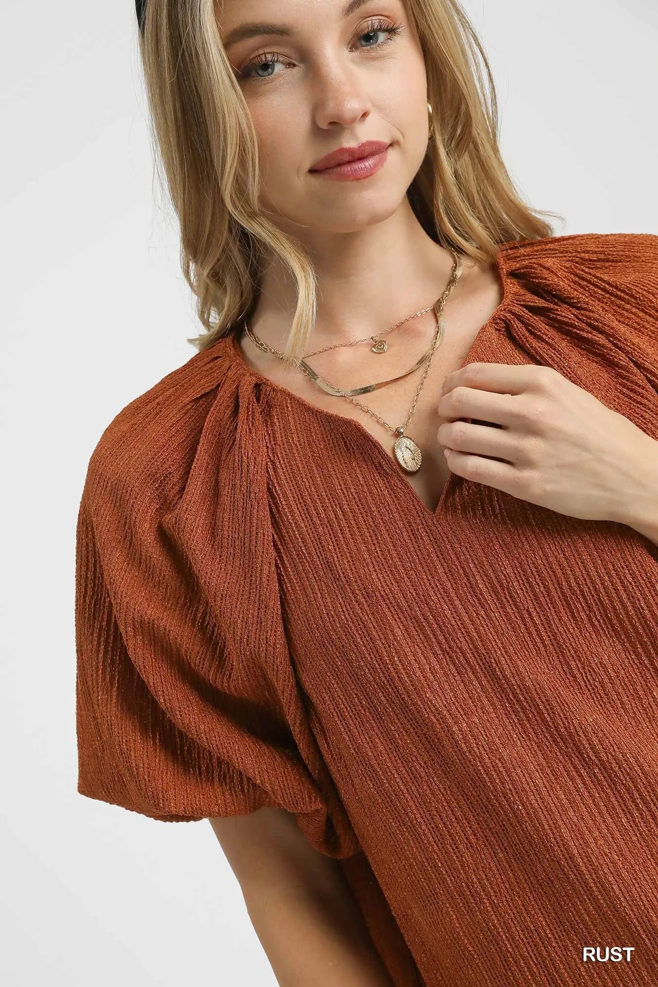 Umgee Rust Textured Flutter Sleeve Notch Neck Top