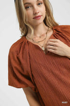 Umgee Rust Textured Flutter Sleeve Notch Neck Top