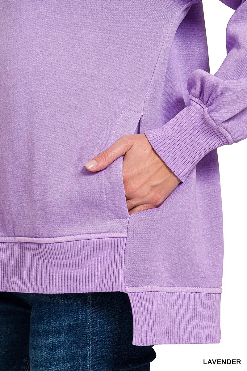 Zenana Lavender Pigment Dye Fleece Hi-low Hem Sweatshirt With Pocket