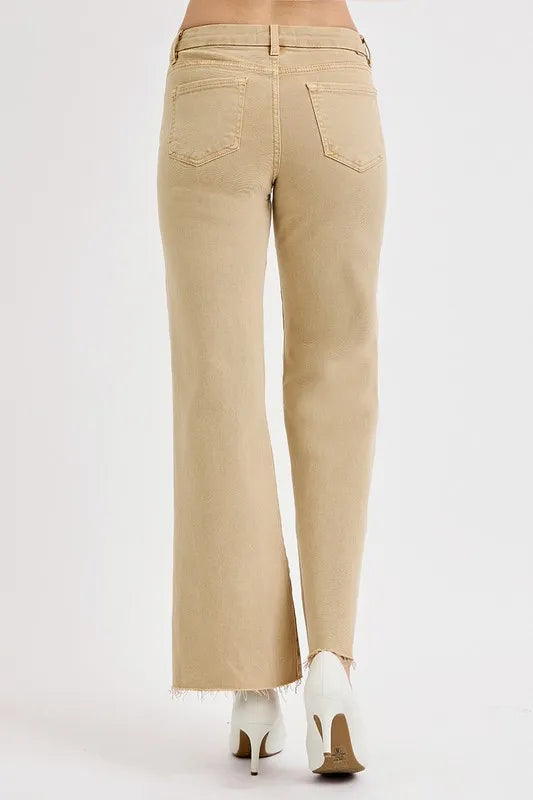 RISEN Tan Tummy Control Raw Hem Wide Leg Jeans
