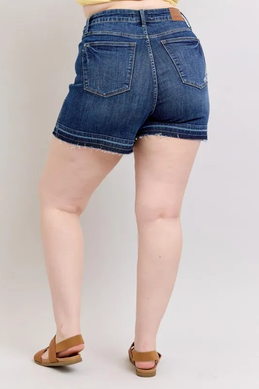 Judy Blue Plus Size Dark Washed HW Tummy Control Destroy Release Hem Denim Shorts