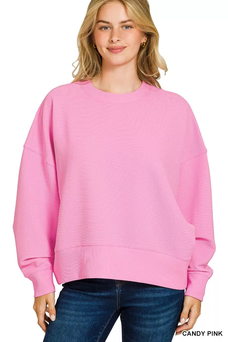 Zenana Candy Pink Ribbed Round Neck Pullover and Shorts Set