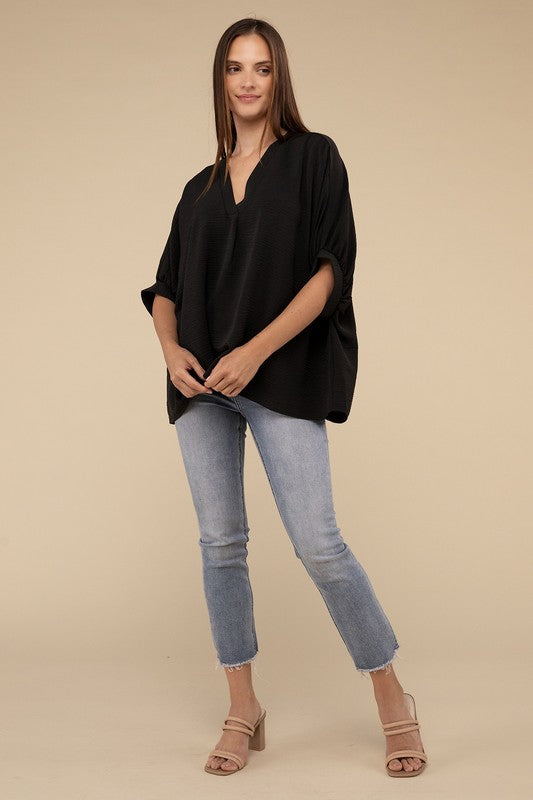 Zenana Black Woven Airflow V-neck Puff Half Sleeve Top