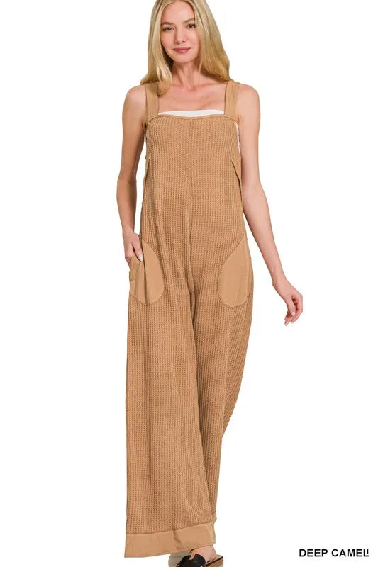 Zenana Deep Camel Knit Waffle Wide Leg Overalls DEEP CAMEL