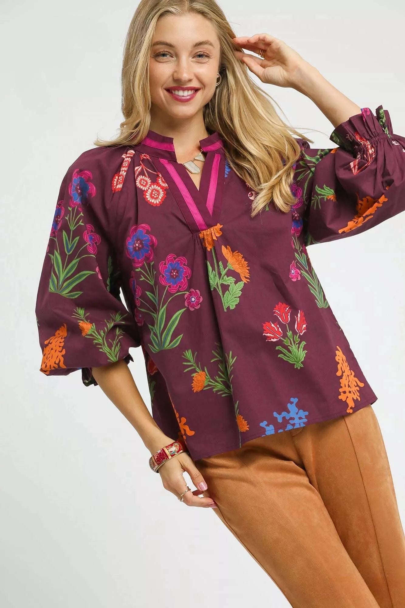 Umgee Burgundy Mix Floral Print Flounce Sleeve Blouse BURGUNDY MIX