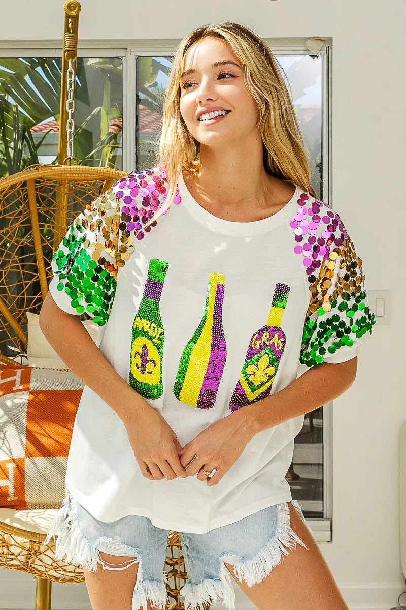 BiBi Sequin Mardi Gras Bottles Spangled Sleeve Top