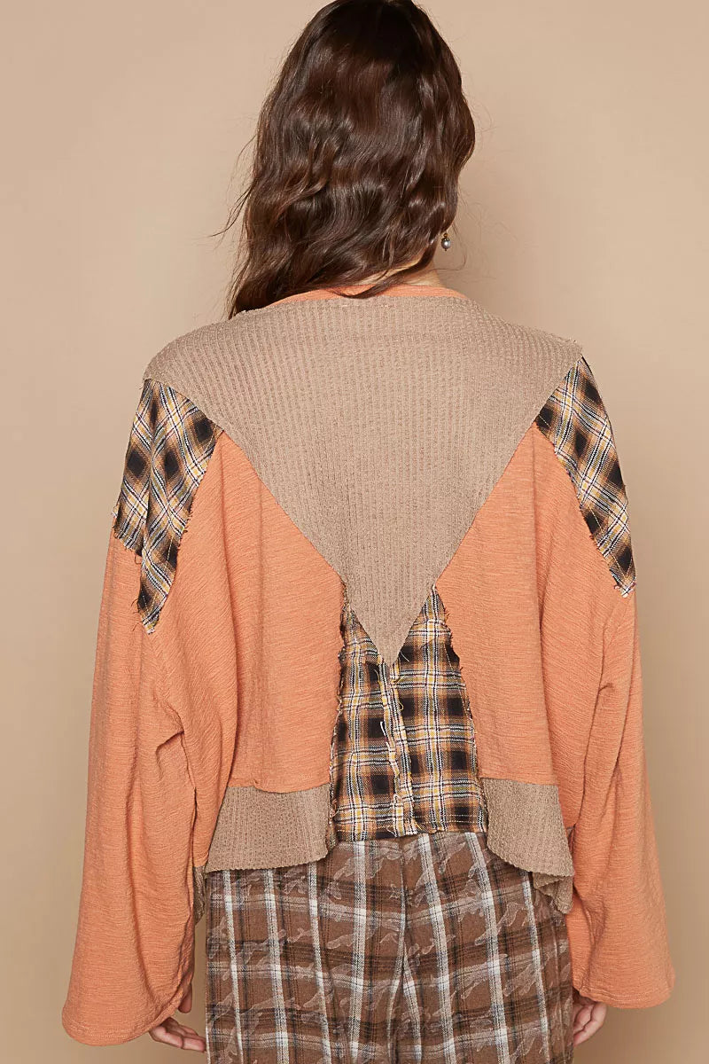 POL Dried Papaya V-Neck Long Sleeve Plaid Contrast Top with Texture Knit Detail