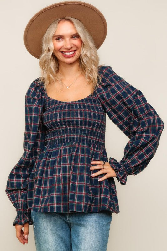 Haptics Navy & Hunter Green Smocking V-Neck Babydoll Plaid Woven Top