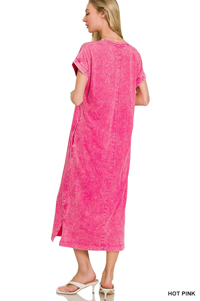 Zenana Hot Pink Acid Washed Exposed Seam Short Sleeve T-Shirt Dress
