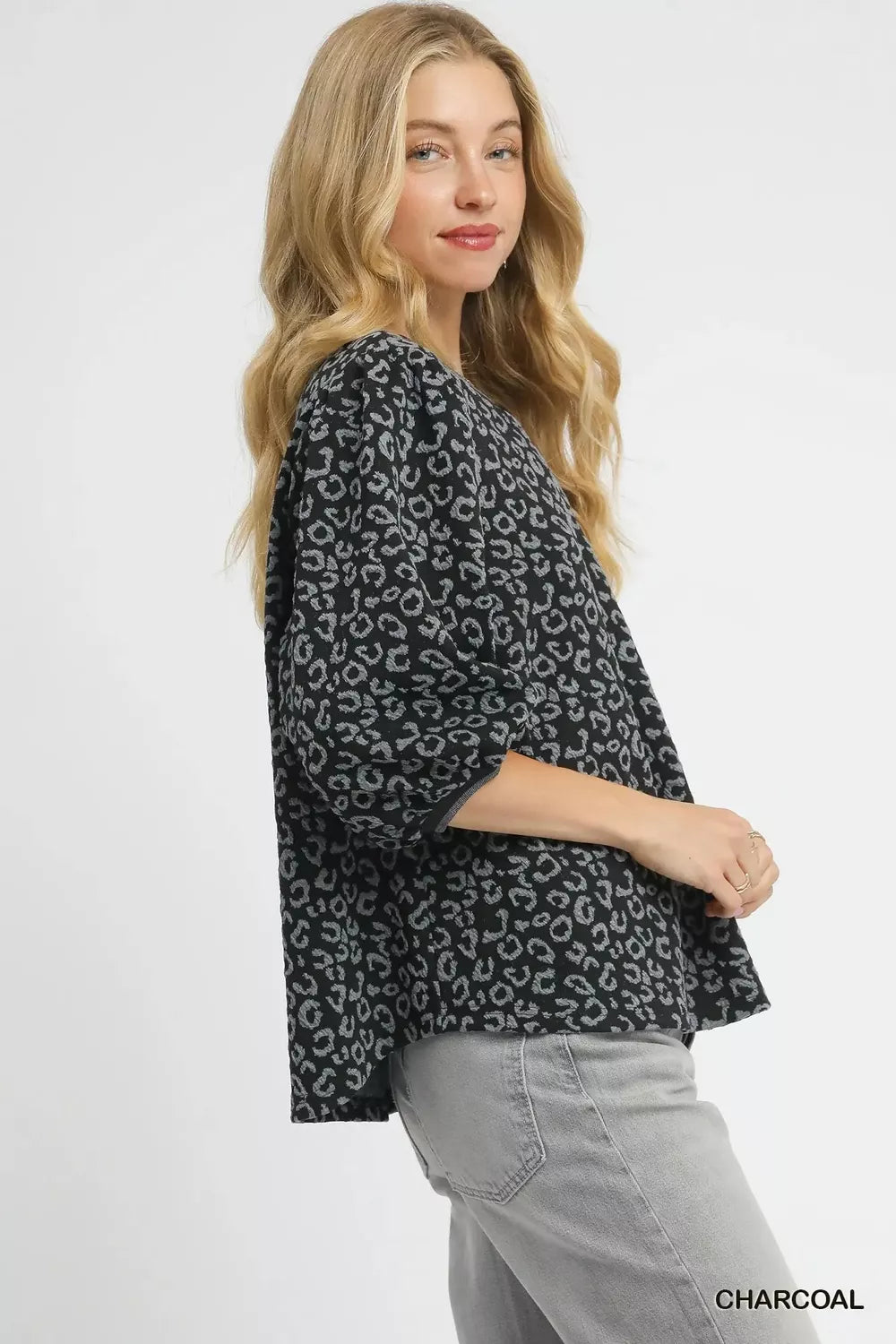 Umgee Charcoal Leopard Print Jacquard Blouse with Puff Sleeves