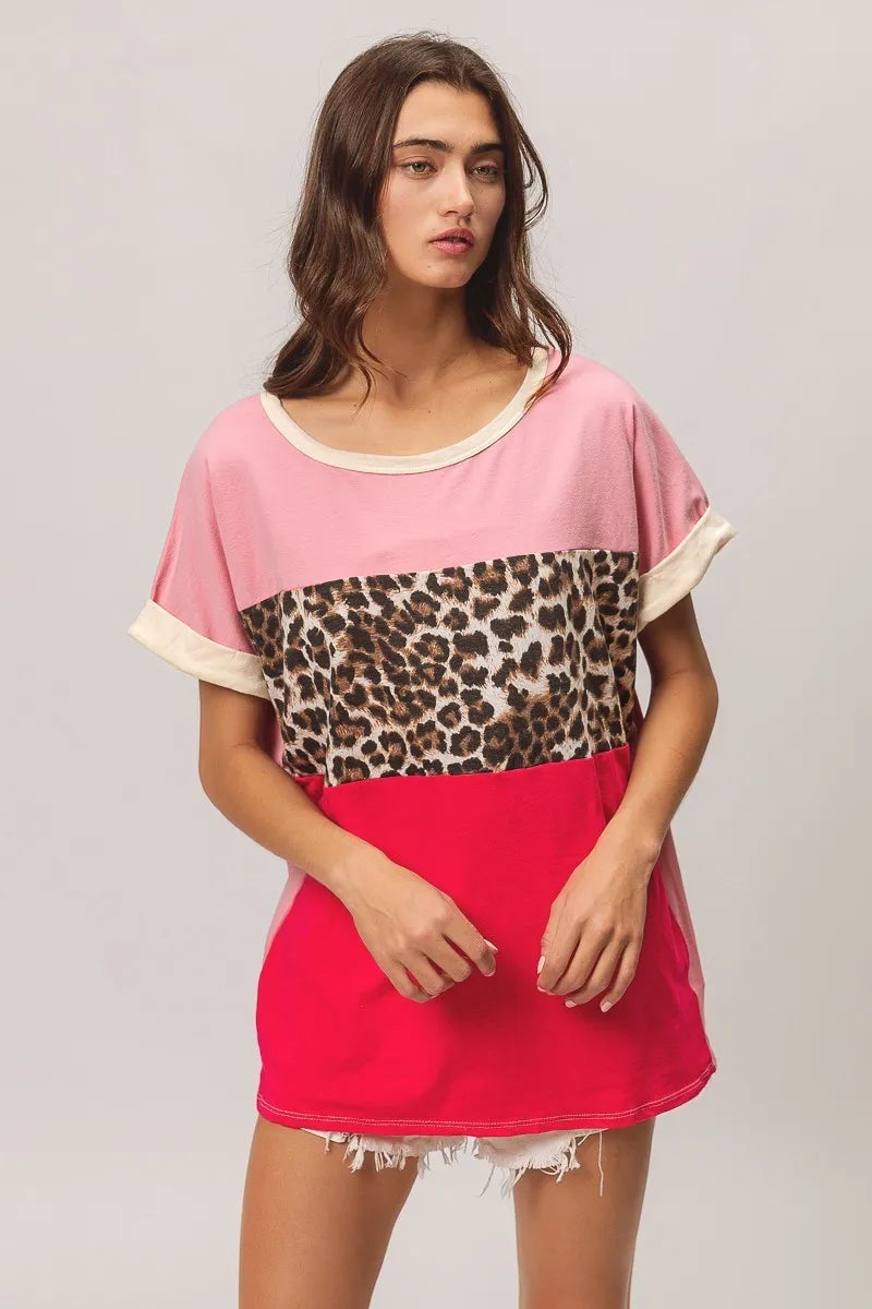 BiBi Pink and Fuchsia Leopard Printed Jersey Color Block Roll Up