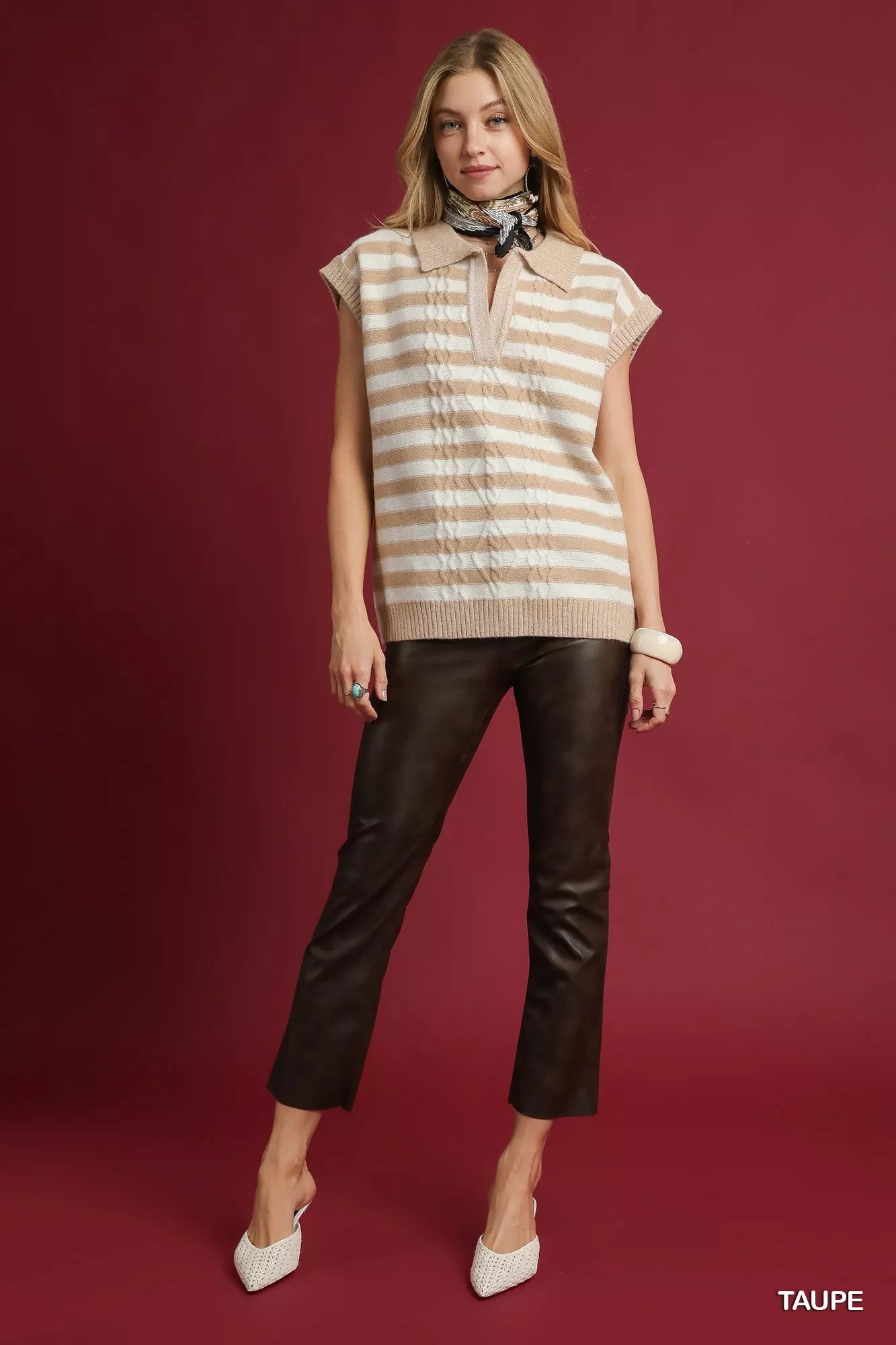 Umgee Taupe Cable Knit Collared Striped Vest Sweater