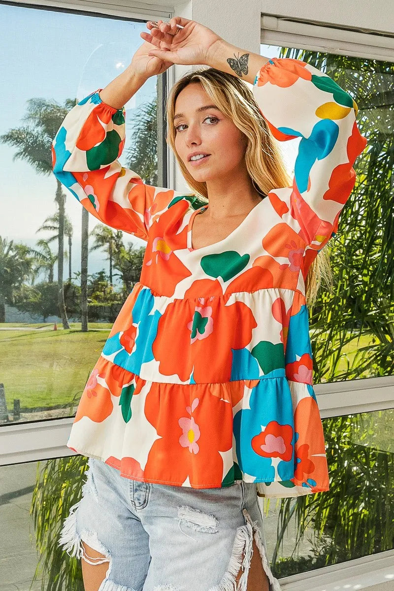 BiBi Floral Woven Tiered V Neck Top