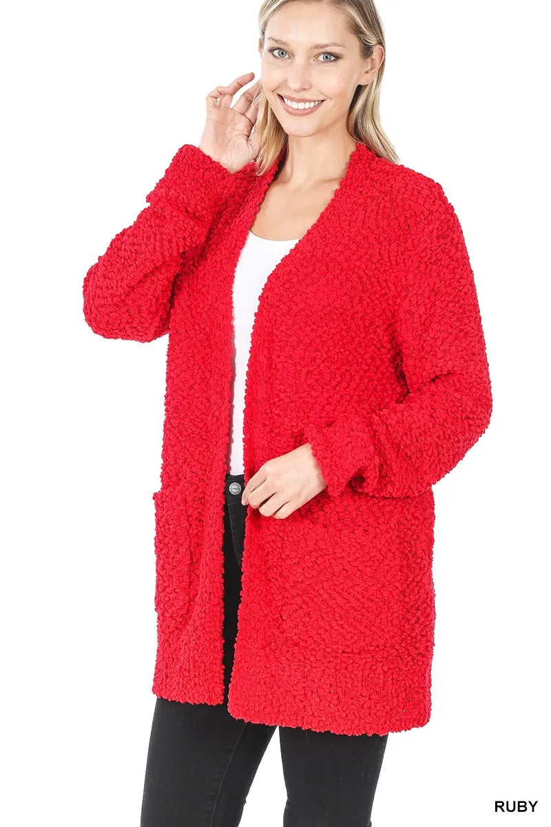 Zenana Ruby Long Sleeve Popcorn Sweater Cardigan with Pockets RUBY