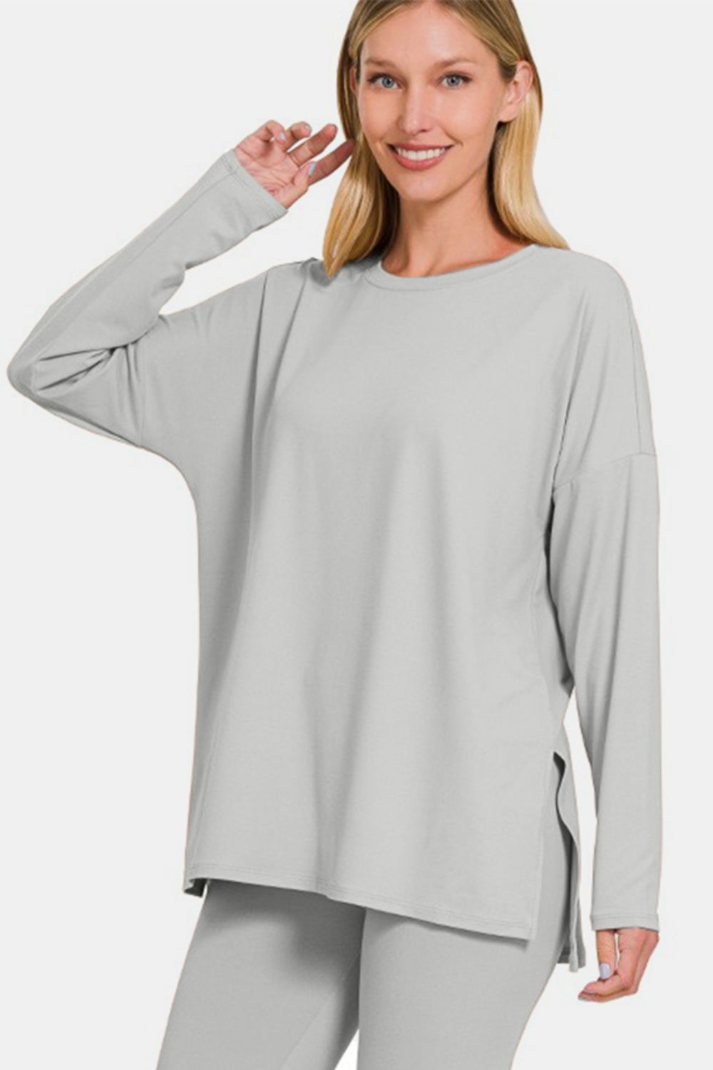 Zenana Light Grey Brushed Microfiber Long Sleeve Top and Leggings Lounge Set Loungewear