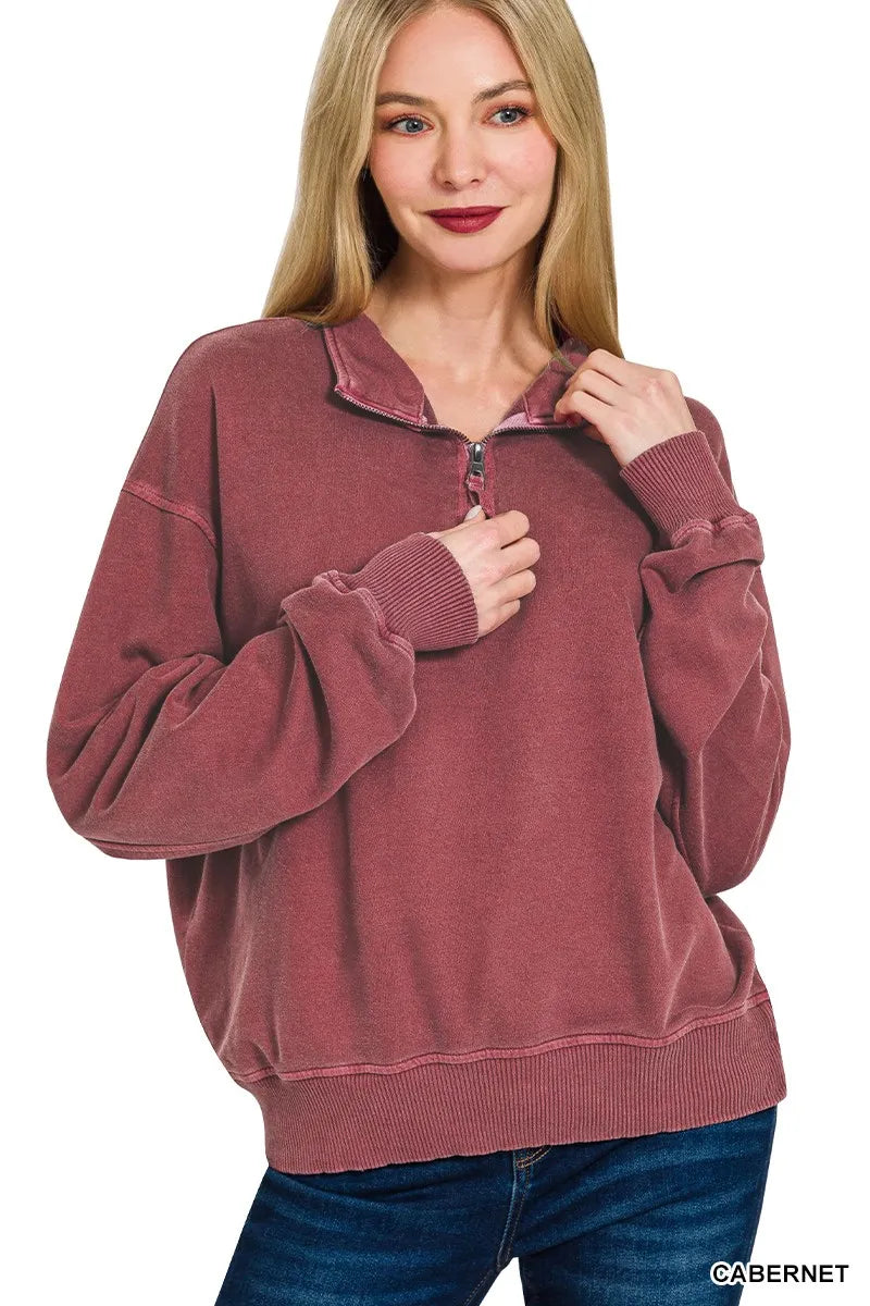 Zenana Cabernet French Terry Pigment & Enzyme Washing Half Zip Top