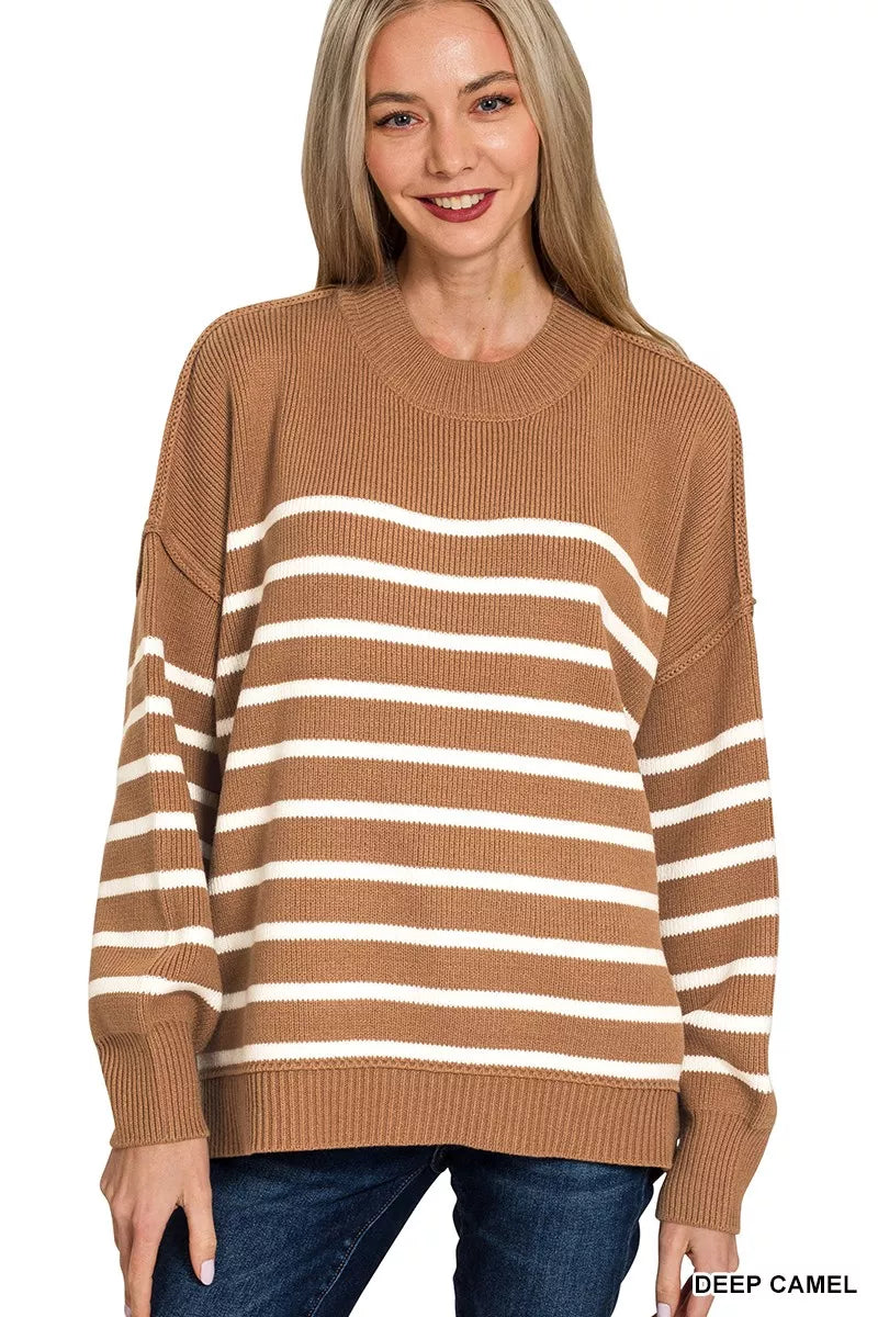 Zenana Deep Camel Exposed Seam Striped Oversized Sweater DEEP CAMEL