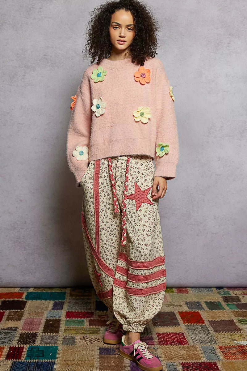 POL Pink Round Neck Long Sleeve Sweater with 3D Floral Patch Detail