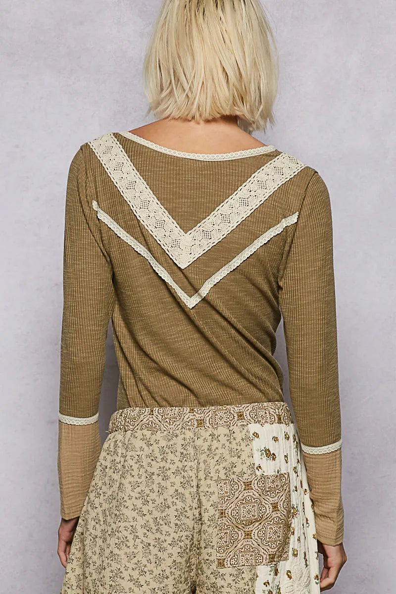 POL Olive Ribbed Half Button Lace Detail Knit Top