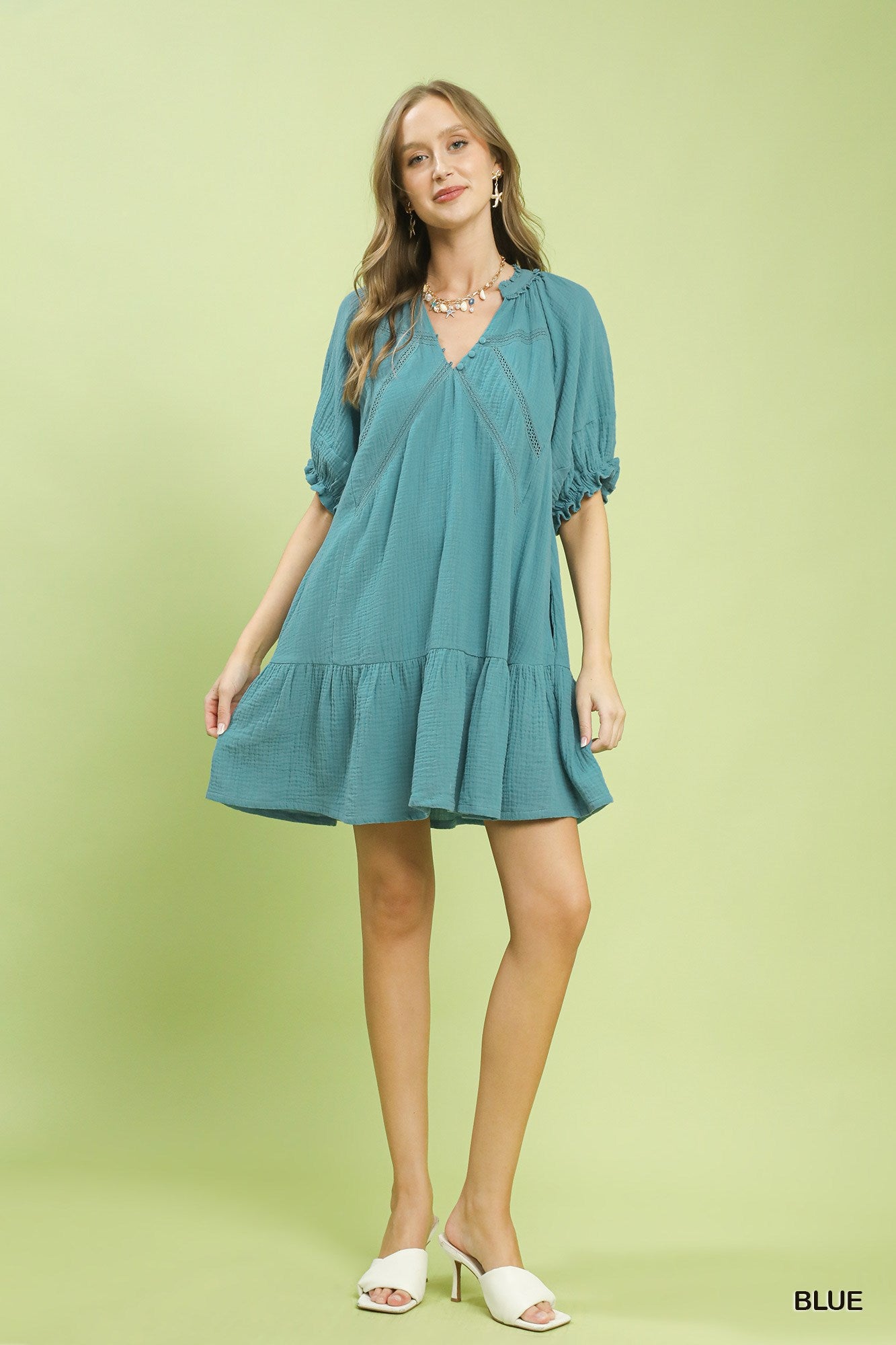 Umgee Blue Cotton Gauze Mini Dress