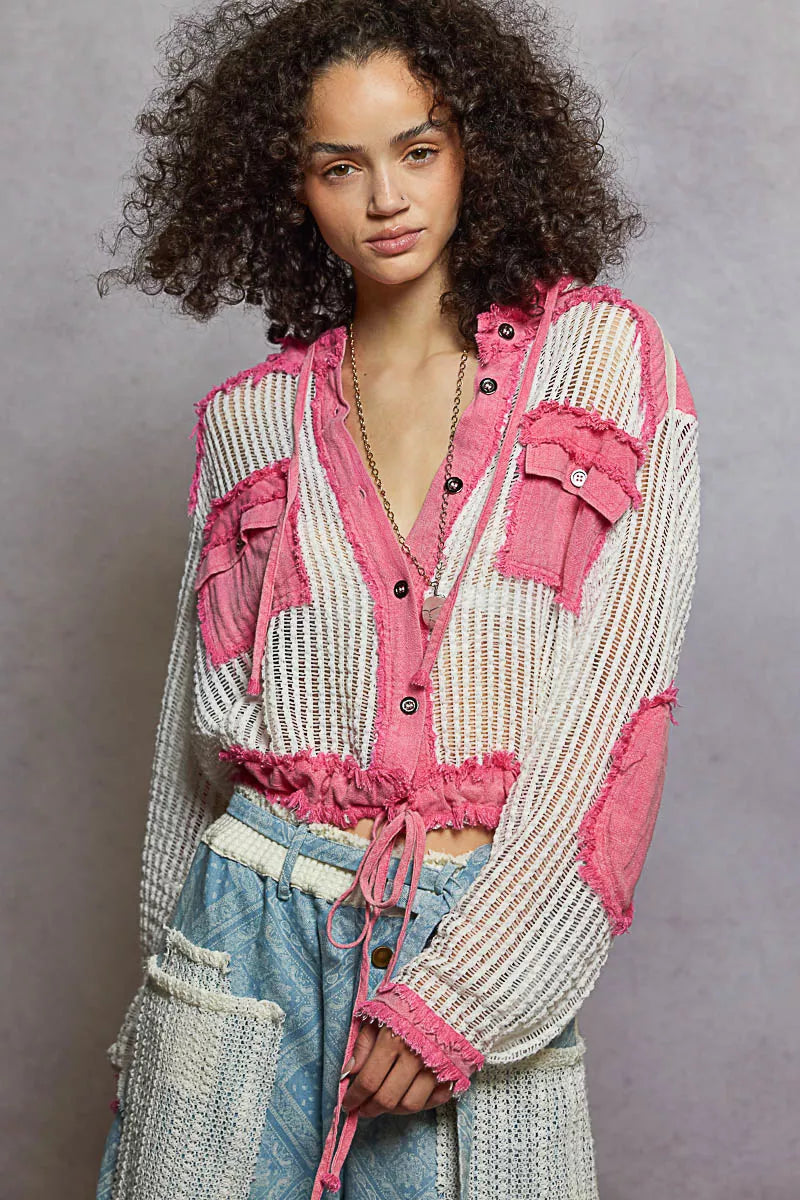 POL Pink Multi Texture Woven Button Down Hooded Shirt with Drawstring Hem