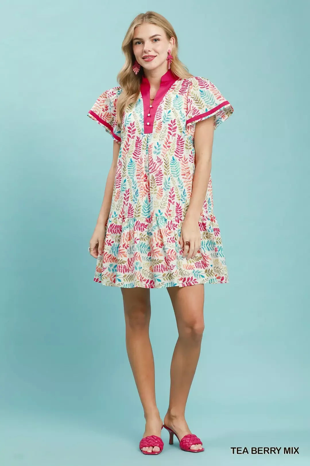 Umgee Tea Berry mix Leaf Print Flutter Sleeve Tiered Mini Dress